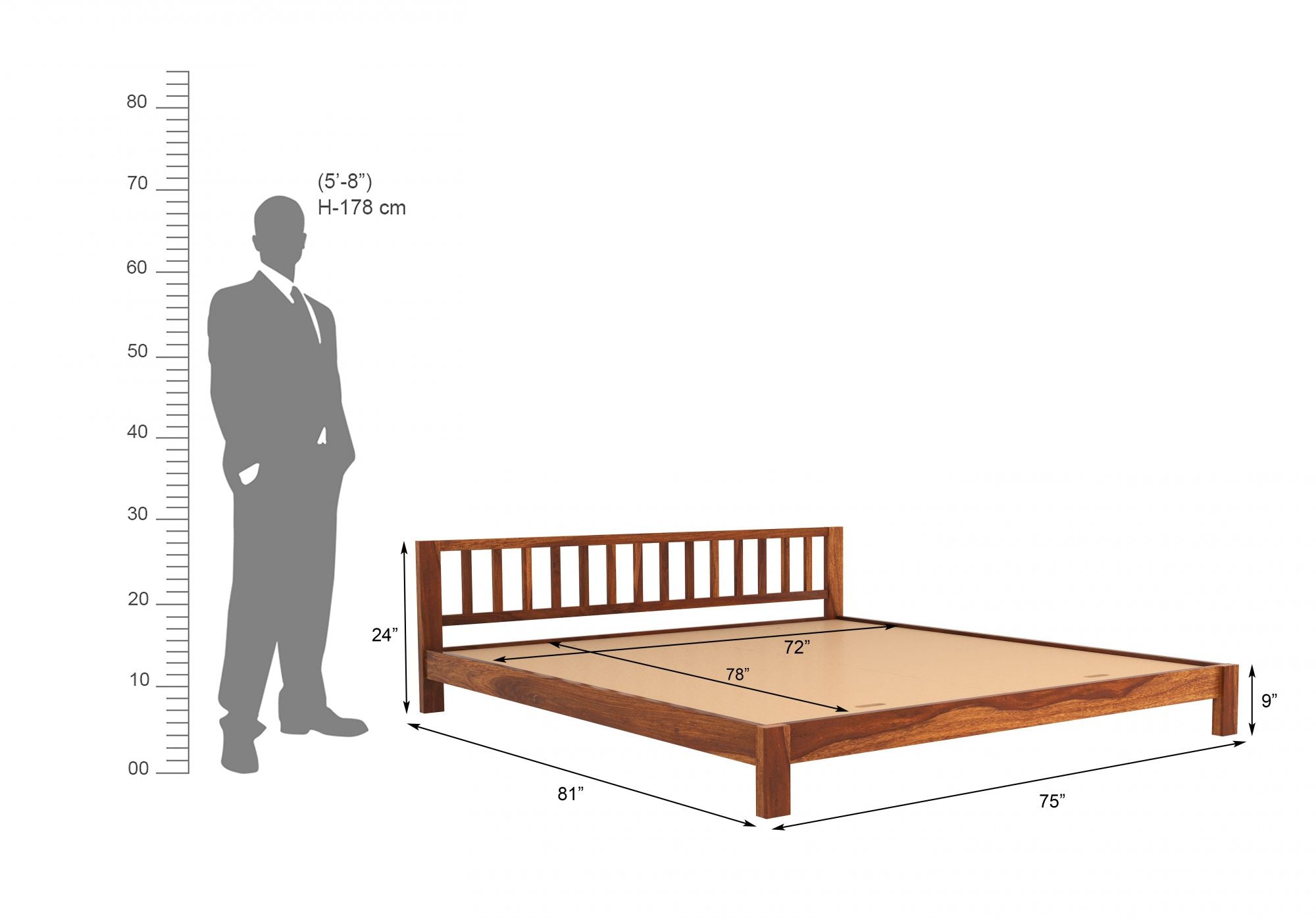 Craft D Art Sheesham Wood Queen Size Bed Without Storage (Honey Finish)
