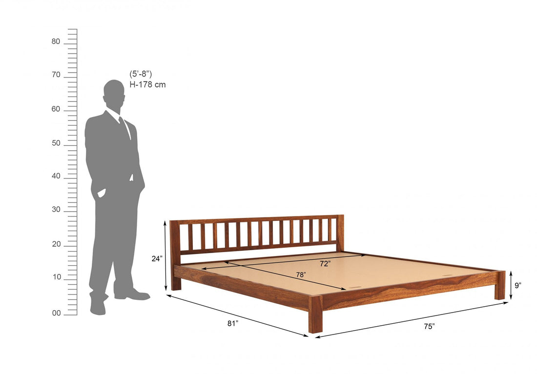 Craft D Art Sheesham Wood Queen Size Bed Without Storage (Honey Finish)