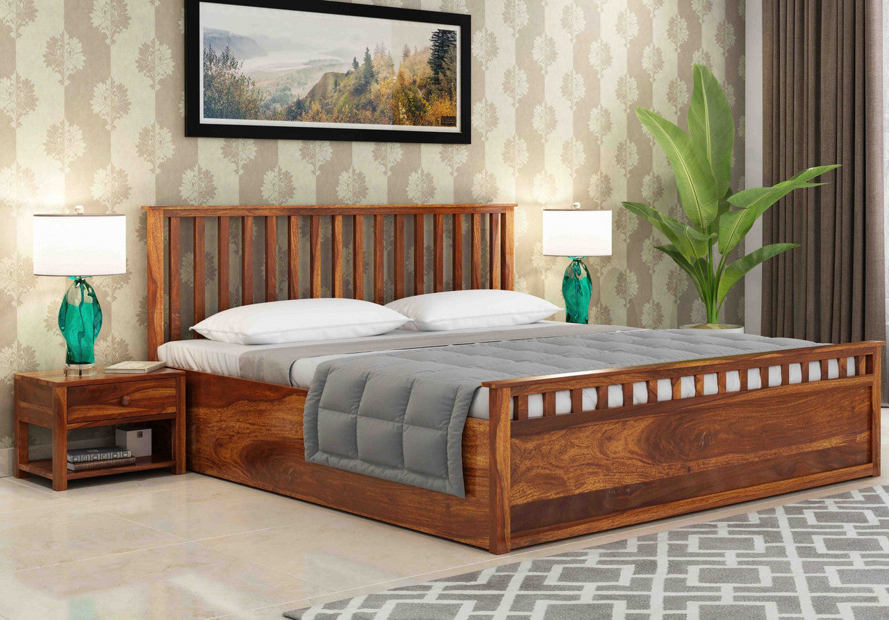 Craft D Art Sheesham Wood Queen Size Bed With Storage (Honey Finish)