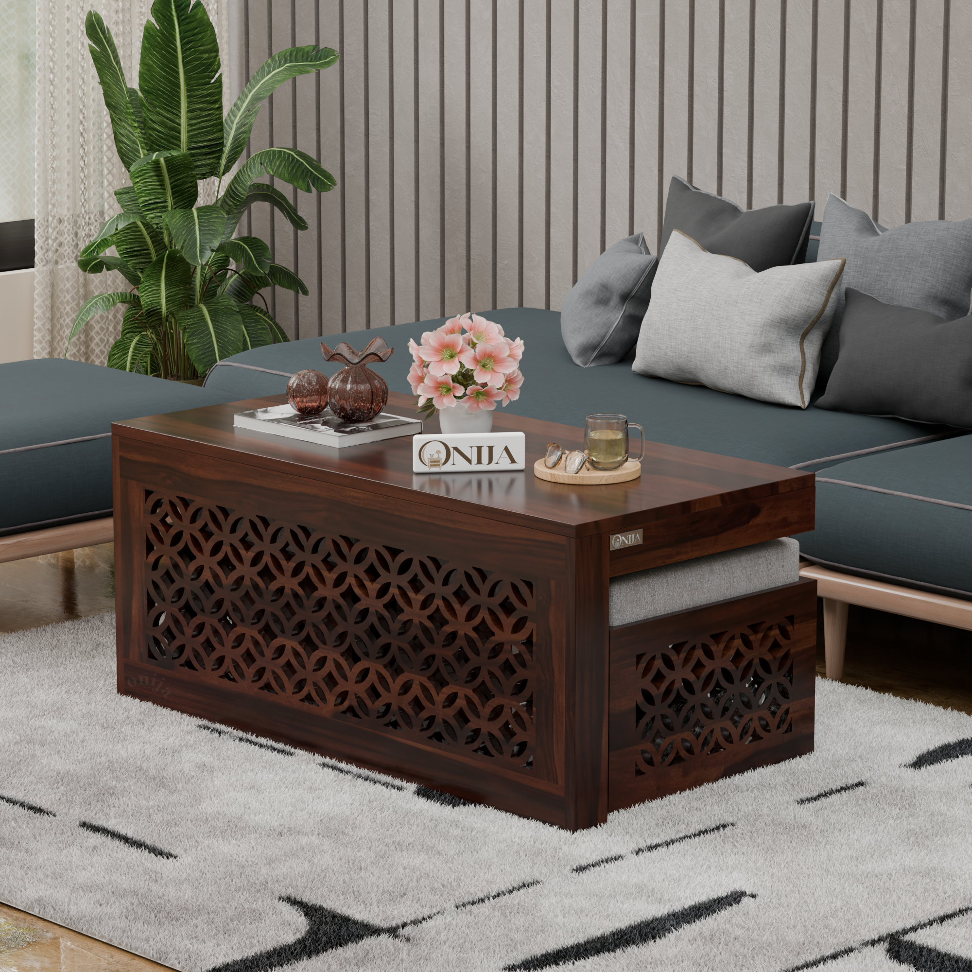 Craft D Art Sheesham Wood Center Table With Stools (Walnut Finish)