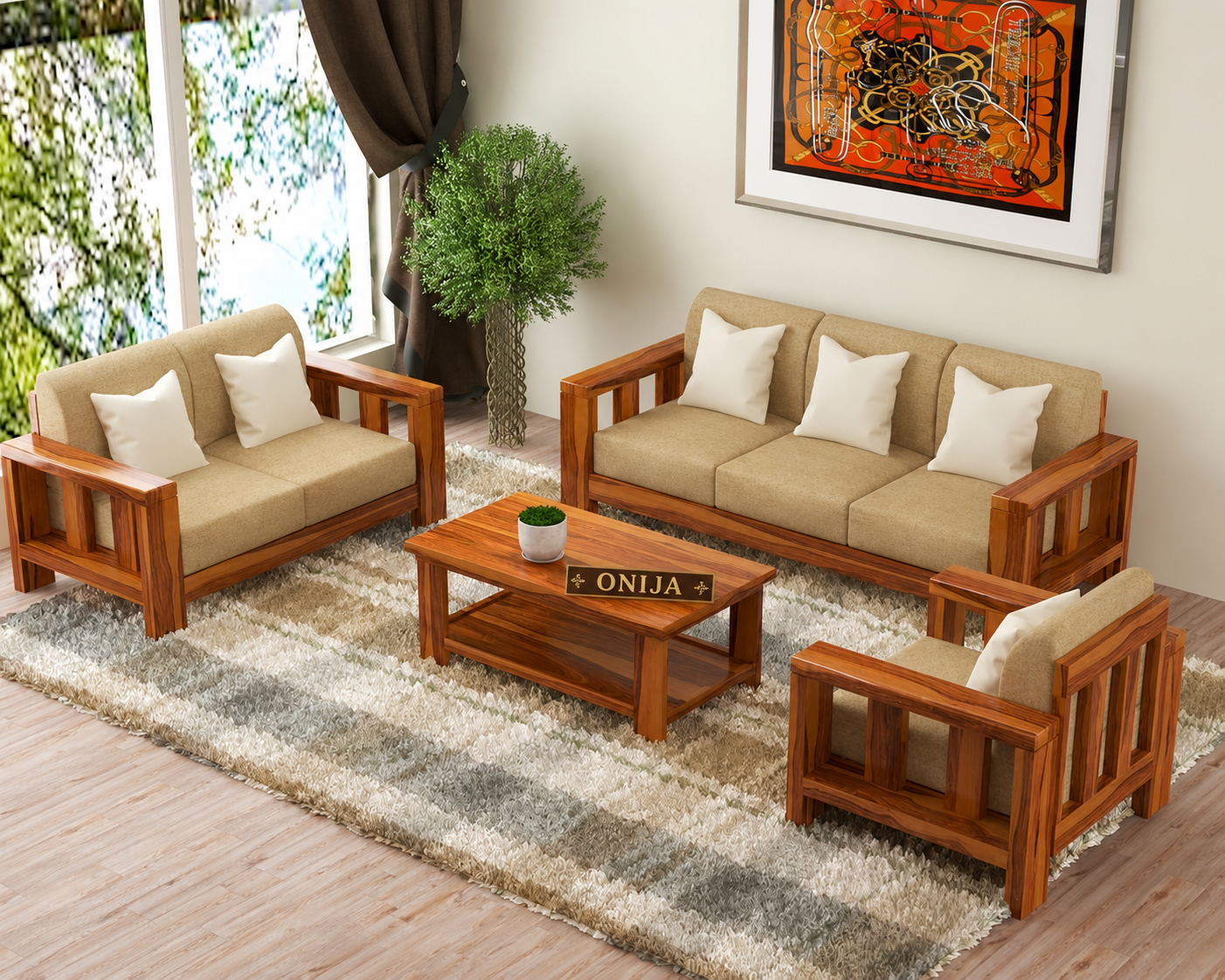 Sheesham Wooden 6 Seater Sofa Set for Living Room (Natural, 3+2+1 Seater)