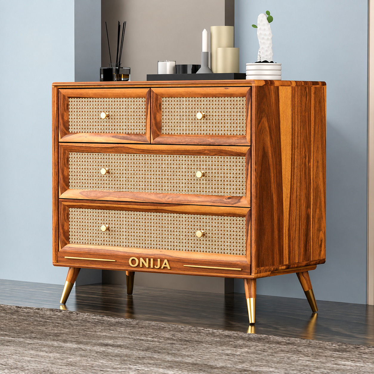 Craft D Art Wooden Chest of Drawers with Rattan Front & 5 Drawers