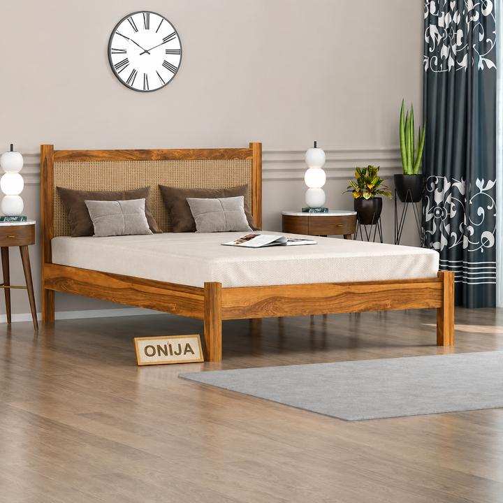 Craft D Art Solid Wood Bed with Rattan Headboard for Modern Bedrooms