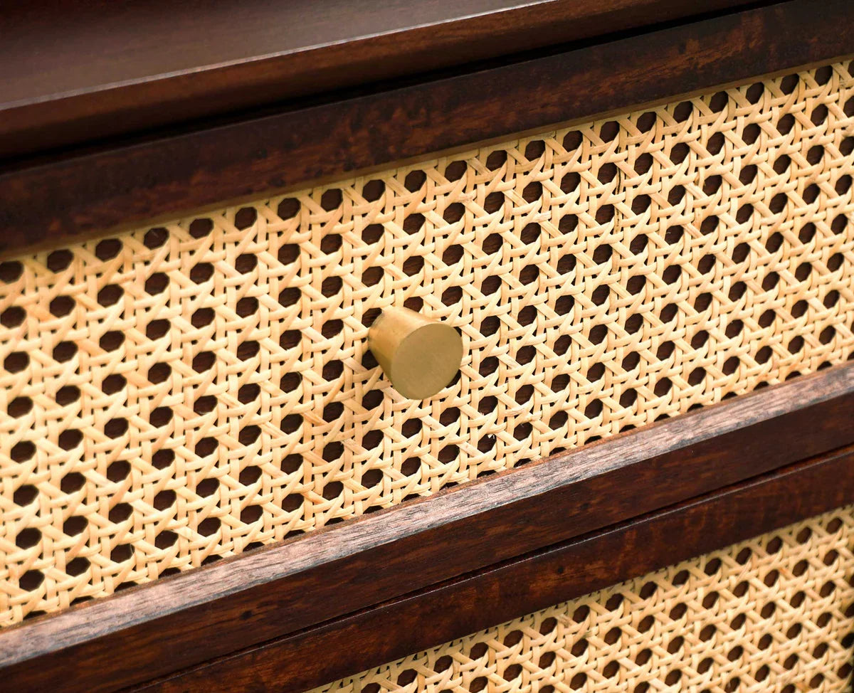 Solid Wood Rattan Cane Two Drawer Bedside Table