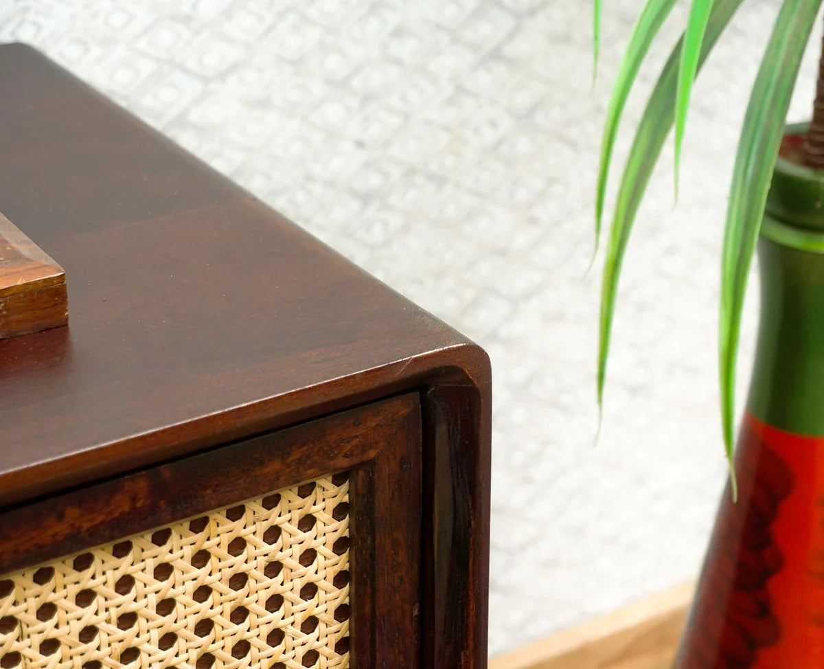 Solid Wood Rattan Cane Two Drawer Bedside Table