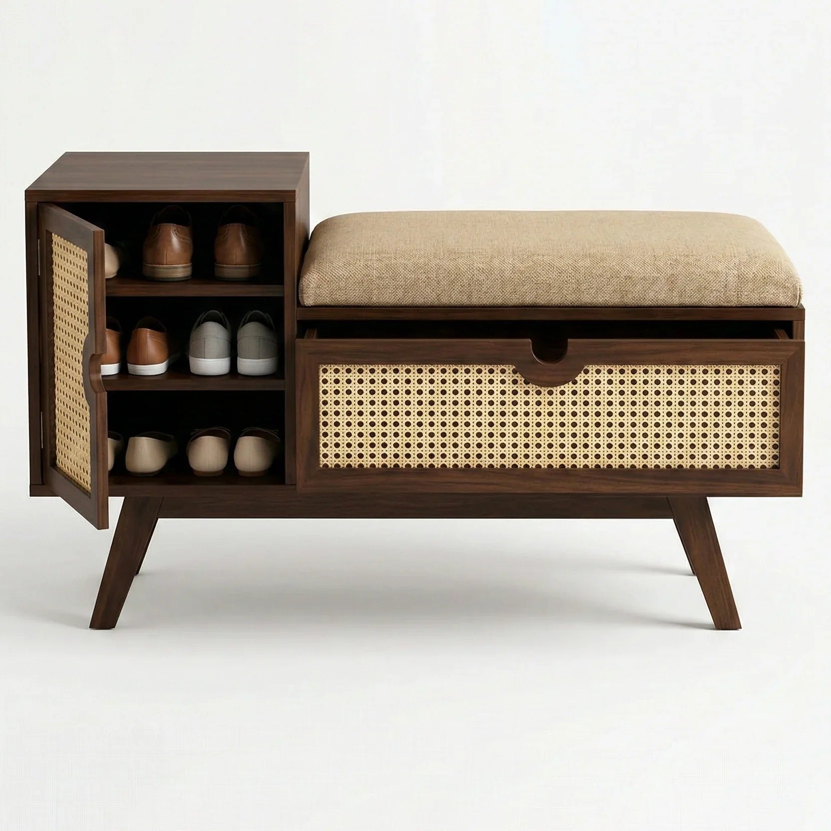 Mid-Century Modern Entryway Bench with Storage – Natural Rattan Shoe Bench with Padded Seat Cushion