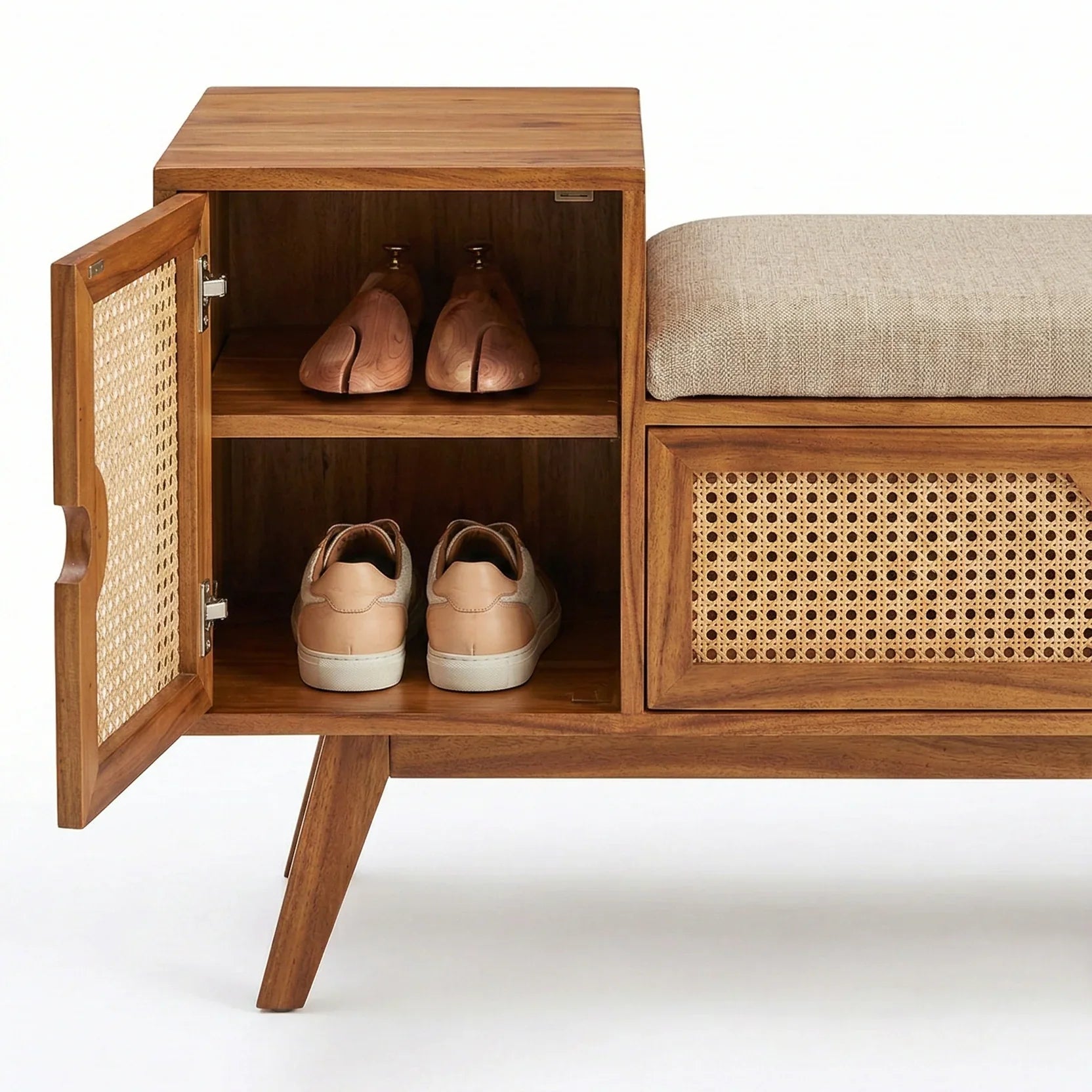 Mid-Century Modern Entryway Bench with Storage – Natural Rattan Shoe Bench with Padded Seat Cushion