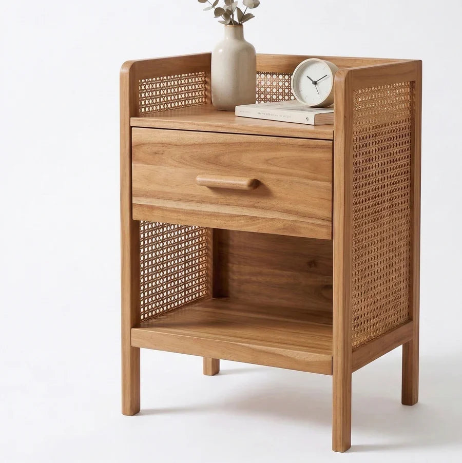 Craft D Art Wooden Bedside Table with Rattan Panels & Storage Drawer