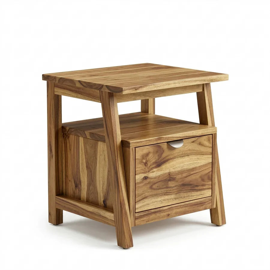Craft D Art Solid Wood Bedside Table with Drawer & Open Shelf