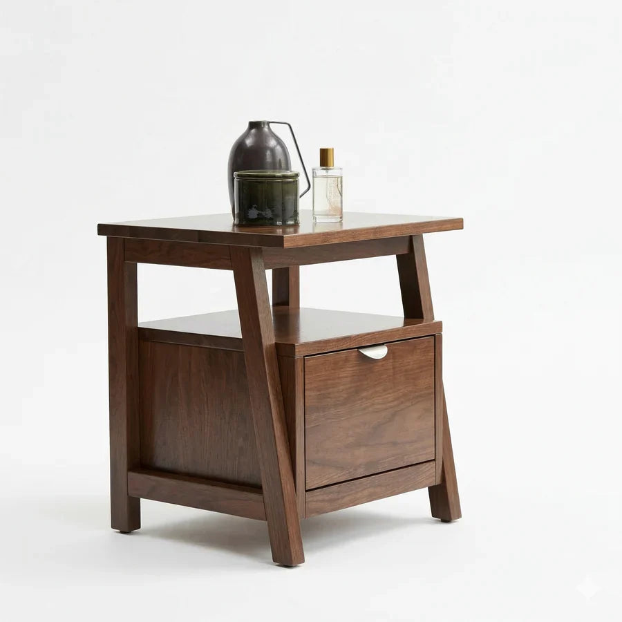 Craft D Art Solid Wood Bedside Table with Drawer & Open Shelf