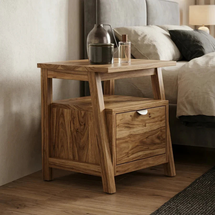 Craft D Art Solid Wood Bedside Table with Drawer & Open Shelf