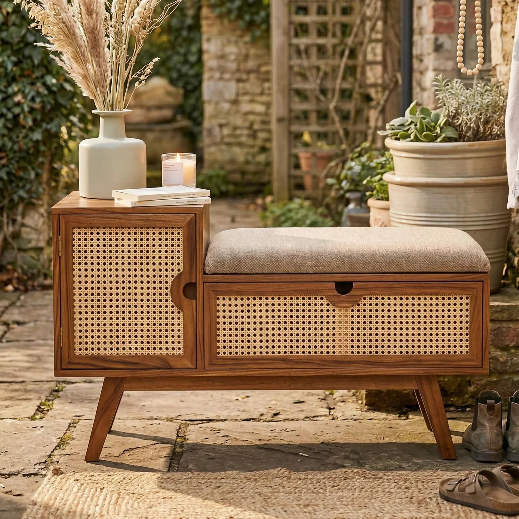 Mid-Century Modern Entryway Bench with Storage – Natural Rattan Shoe Bench with Padded Seat Cushion