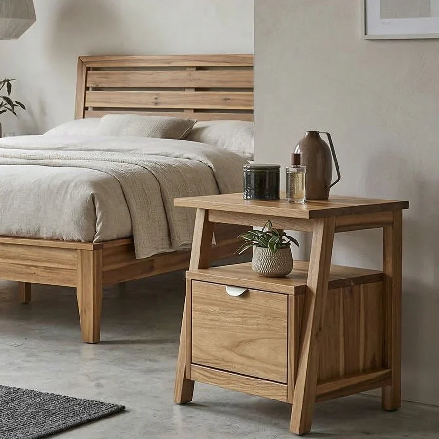 Craft D Art Solid Wood Bedside Table with Drawer & Open Shelf