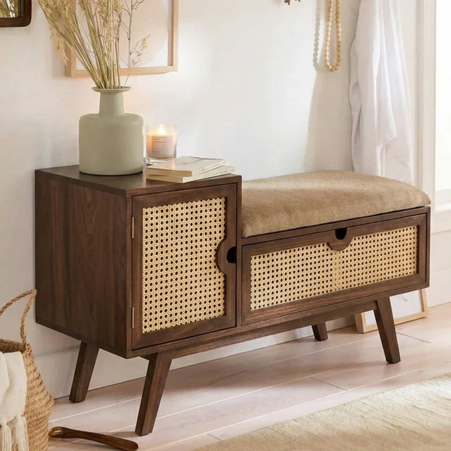 Mid-Century Modern Entryway Bench with Storage – Natural Rattan Shoe Bench with Padded Seat Cushion