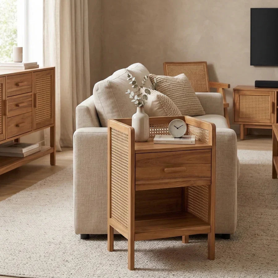 Craft D Art Wooden Bedside Table with Rattan Panels & Storage Drawer