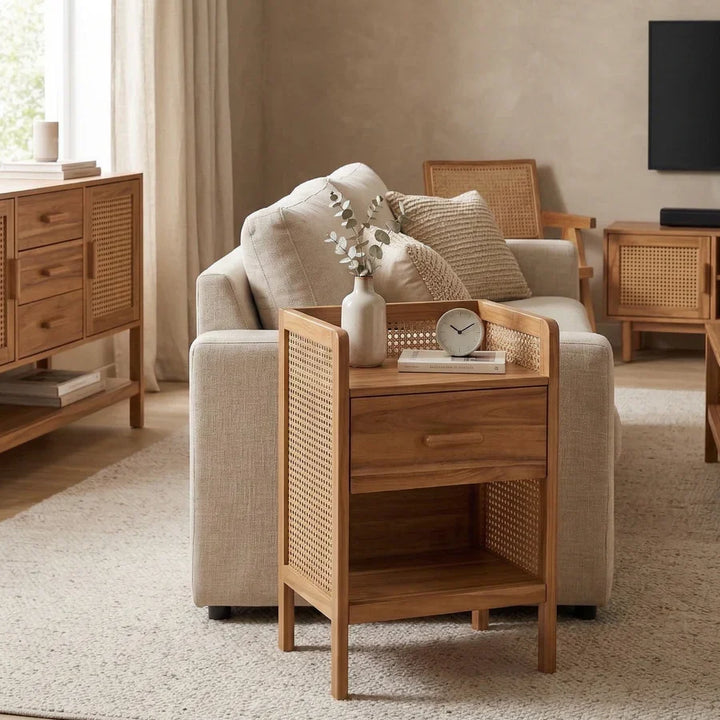 Craft D Art Wooden Bedside Table with Rattan Panels & Storage Drawer