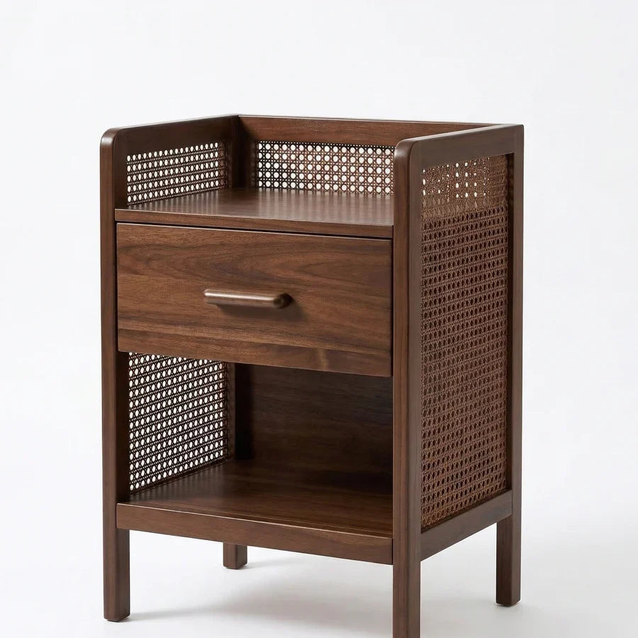 Craft D Art Wooden Bedside Table with Rattan Panels & Storage Drawer