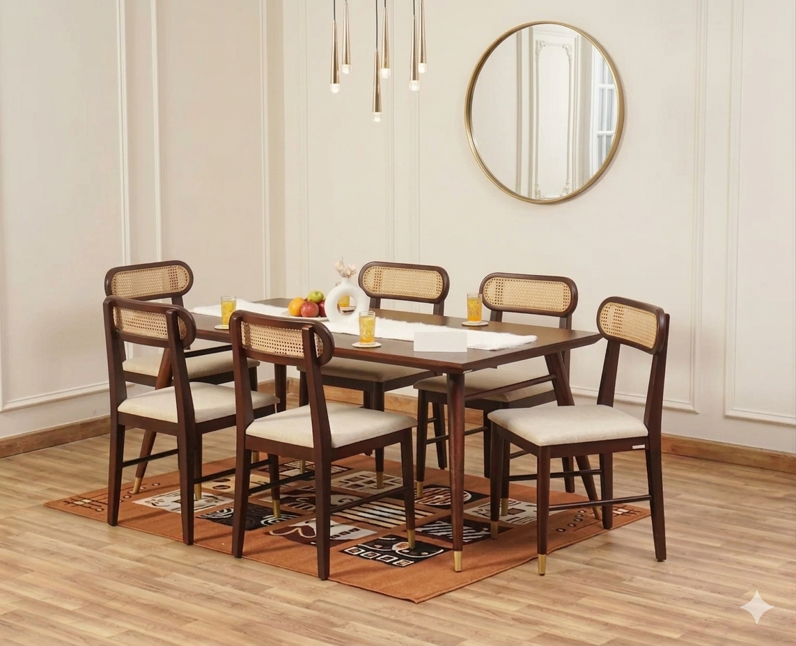Boston Solid Wood Rattan Cane Dining Table Six Seater Set