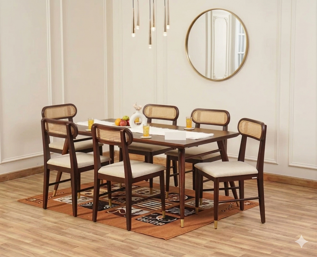 Boston Solid Wood Rattan Cane Dining Table Six Seater Set