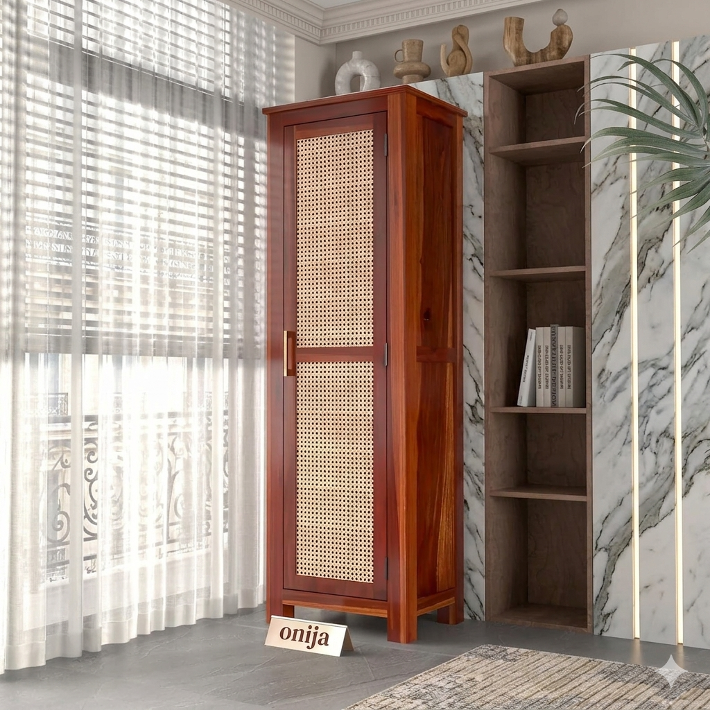 Solid Sheesham Wood Wardrobe Cabinet 1  Cane Rattan Door