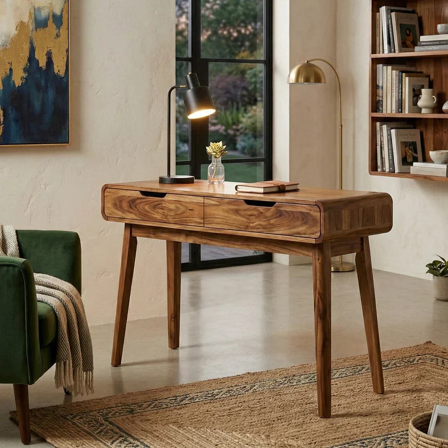 Craft D Art Solid Wood Writing Desk with Dual Drawers for Home Office