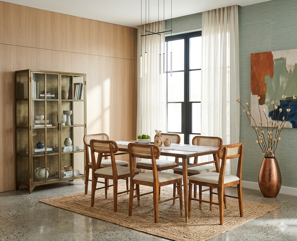 Boston Solid Wood Rattan Cane Dining Table Six Seater Set