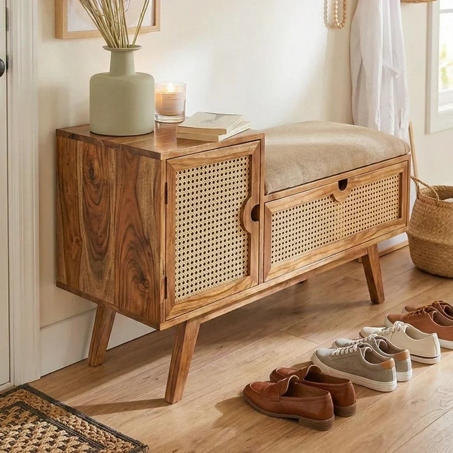 Mid-Century Modern Entryway Bench with Storage – Natural Rattan Shoe Bench with Padded Seat Cushion