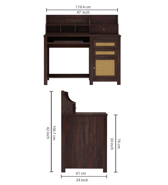 Craft D Art Sheesham Wood Study Table with Storage & Cane Cabinet
