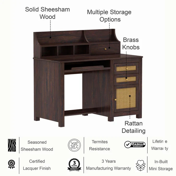 Craft D Art Sheesham Wood Study Table with Storage & Cane Cabinet