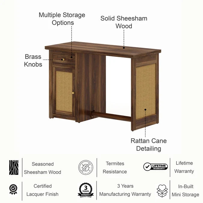 Craft D Art Sheesham Wood Study Desk with Cane Cabinet