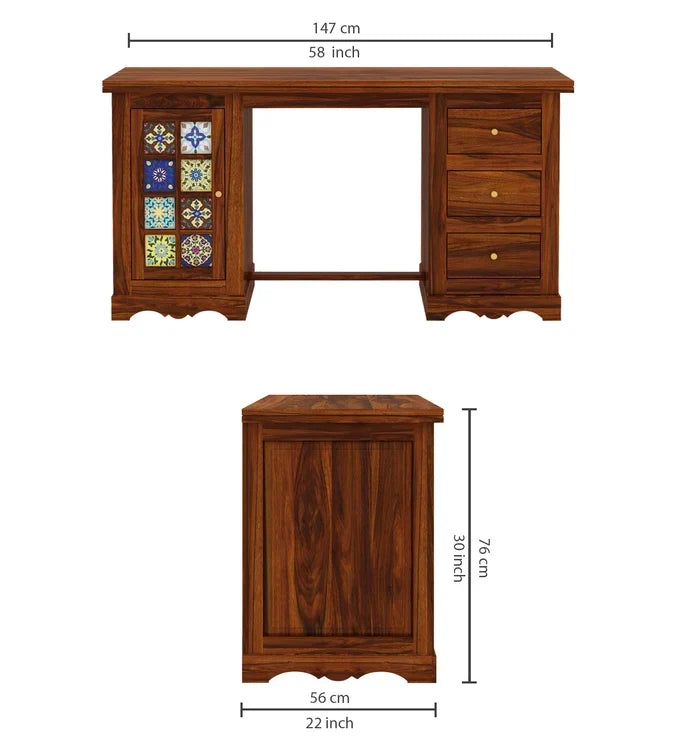 Craft D Art Sheesham Wood Study Desk with Drawers & Tile Cabinet