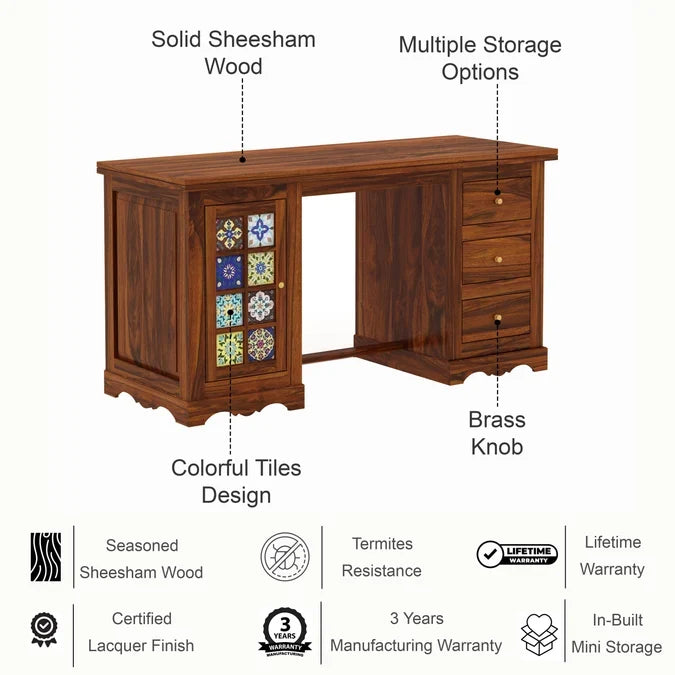 Craft D Art Sheesham Wood Study Desk with Drawers & Tile Cabinet