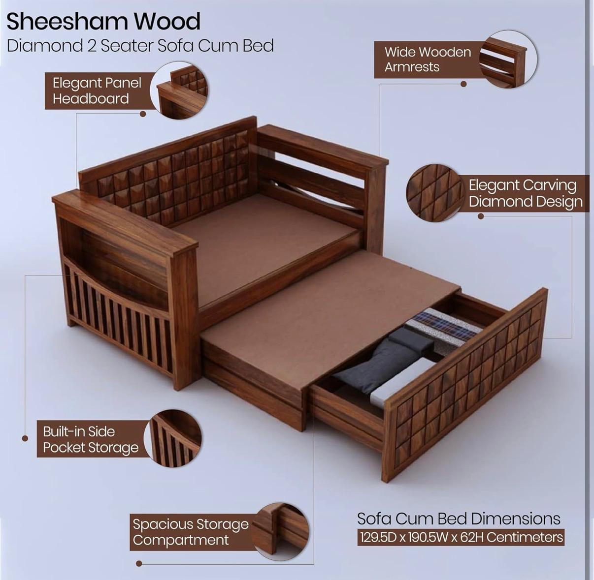 Craft D Art Sheesham Wood Oslo 2 Seater Diamond Sofa cum bed