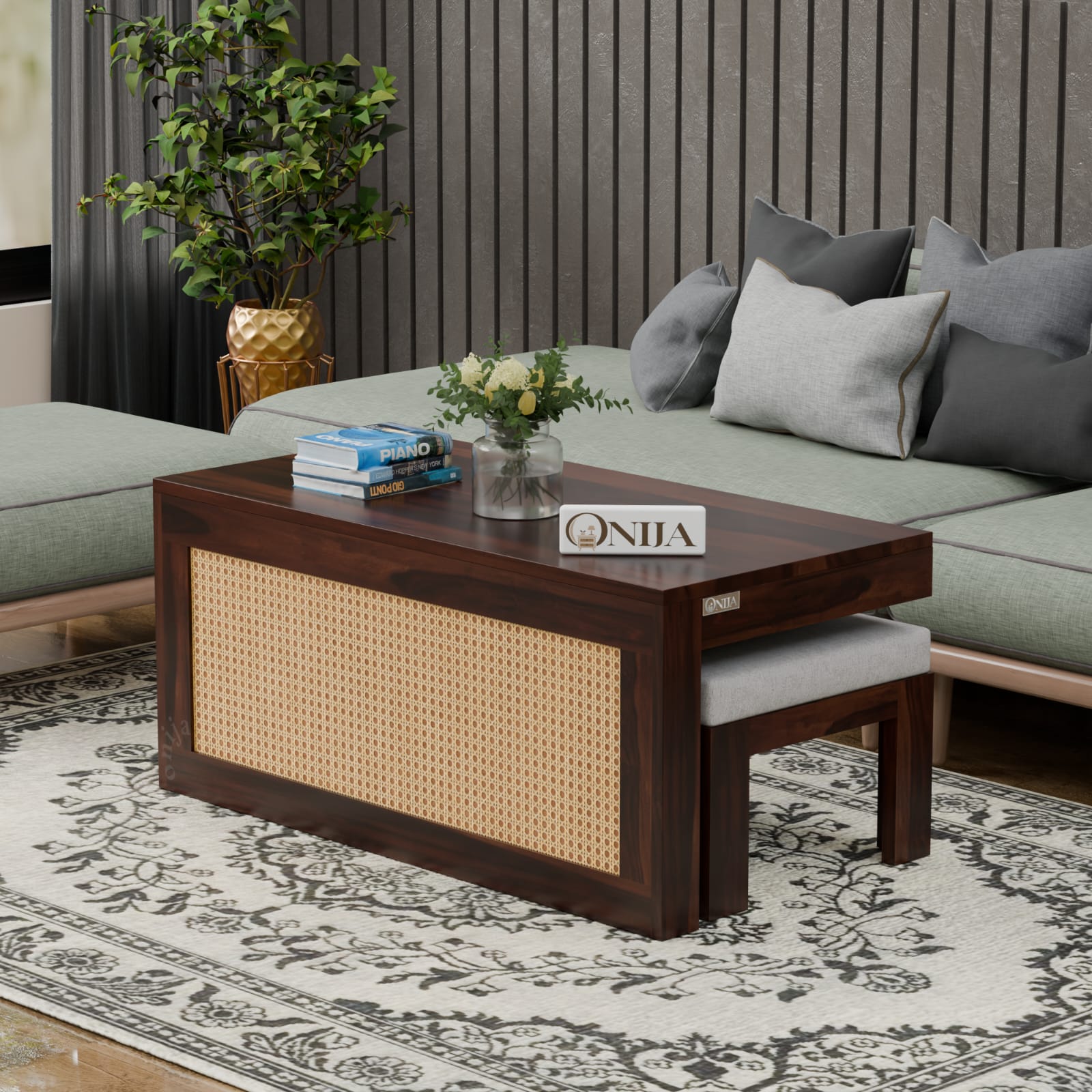 Craft D Art Solid Wood Cane Coffee Table with Hidden Seating
