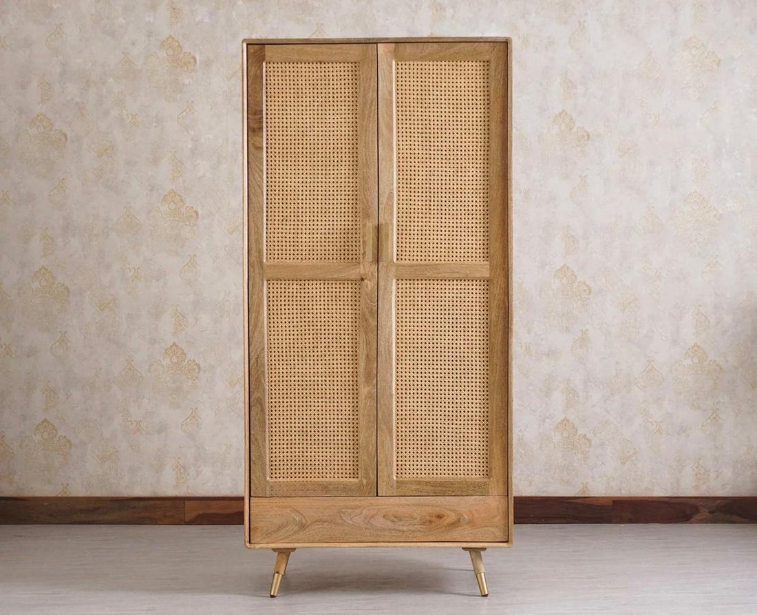 Craft D Art Sheesham Wood 2 Door Cane Wardrobe with Drawer