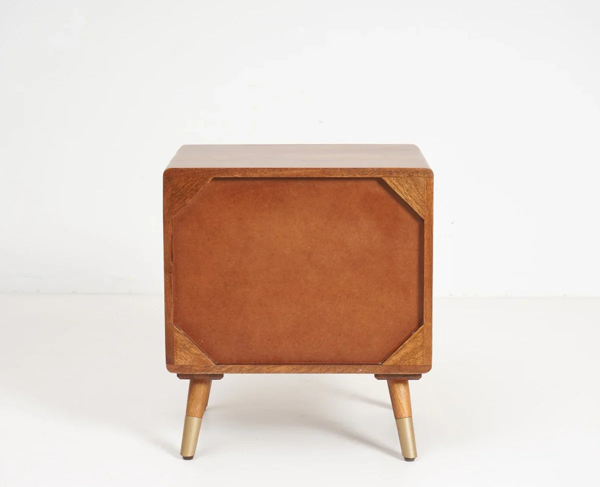 Solid Wood Rattan Cane Two Drawer Bedside Table