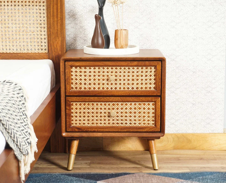 Solid Wood Rattan Cane Two Drawer Bedside Table
