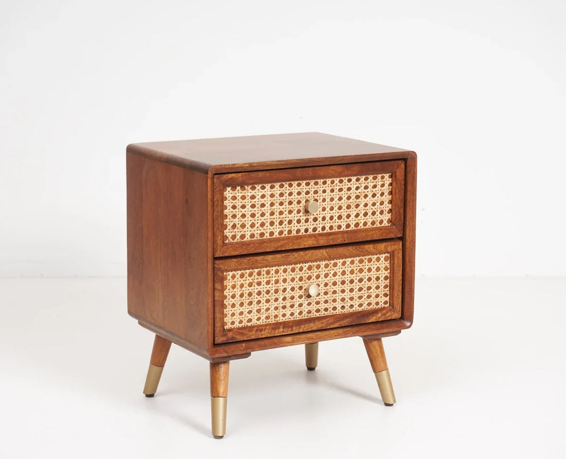 Solid Wood Rattan Cane Two Drawer Bedside Table