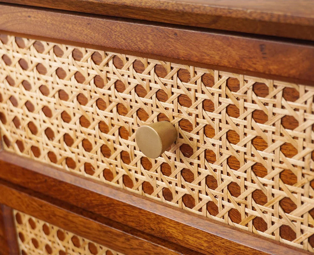 Solid Wood Rattan Cane Two Drawer Bedside Table