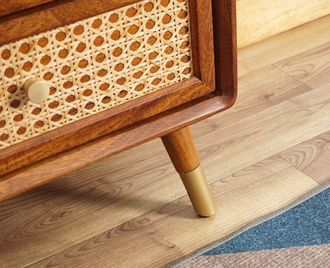 Solid Wood Rattan Cane Two Drawer Bedside Table