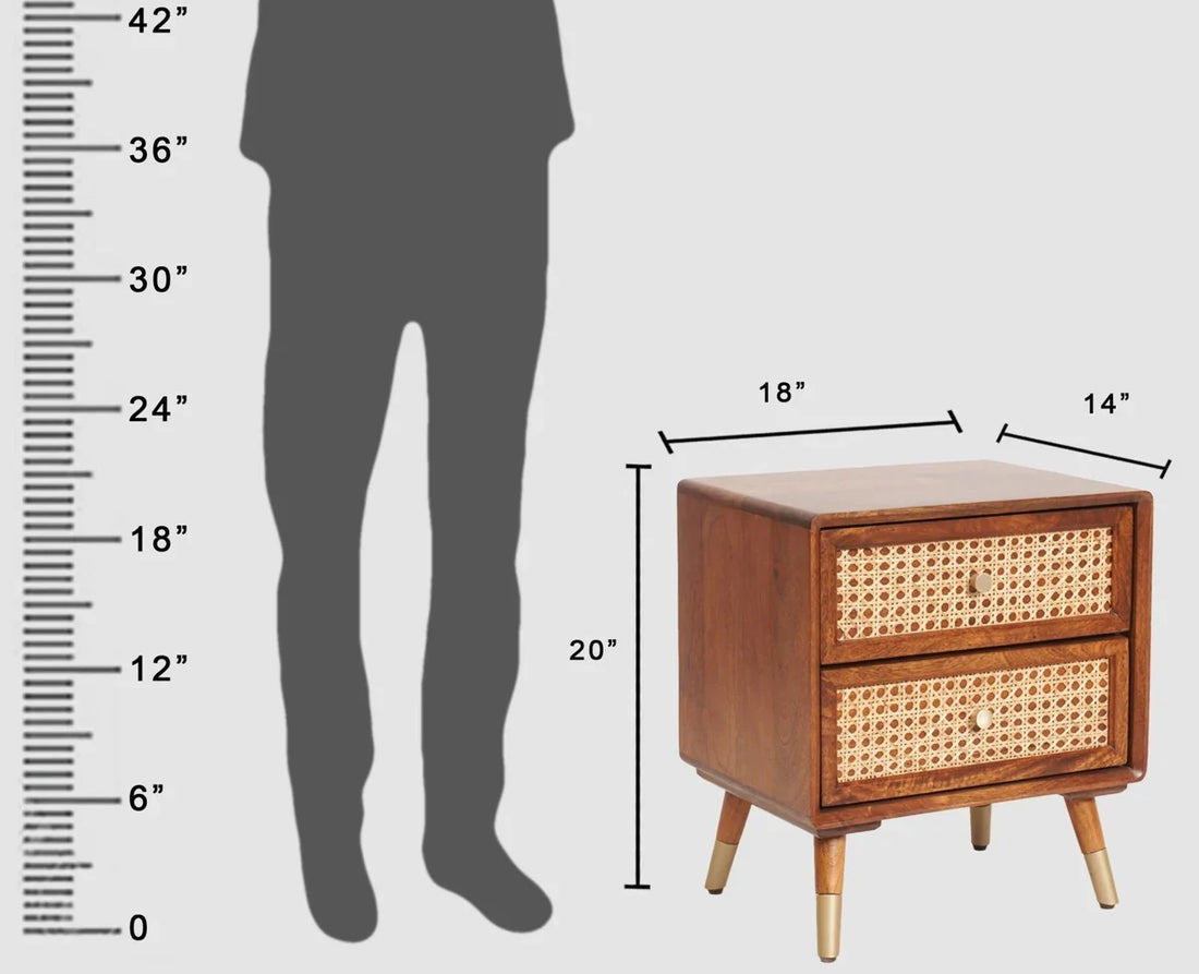 Solid Wood Rattan Cane Two Drawer Bedside Table