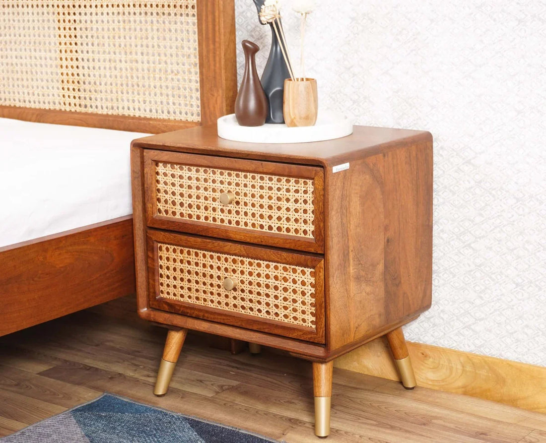 Solid Wood Rattan Cane Two Drawer Bedside Table