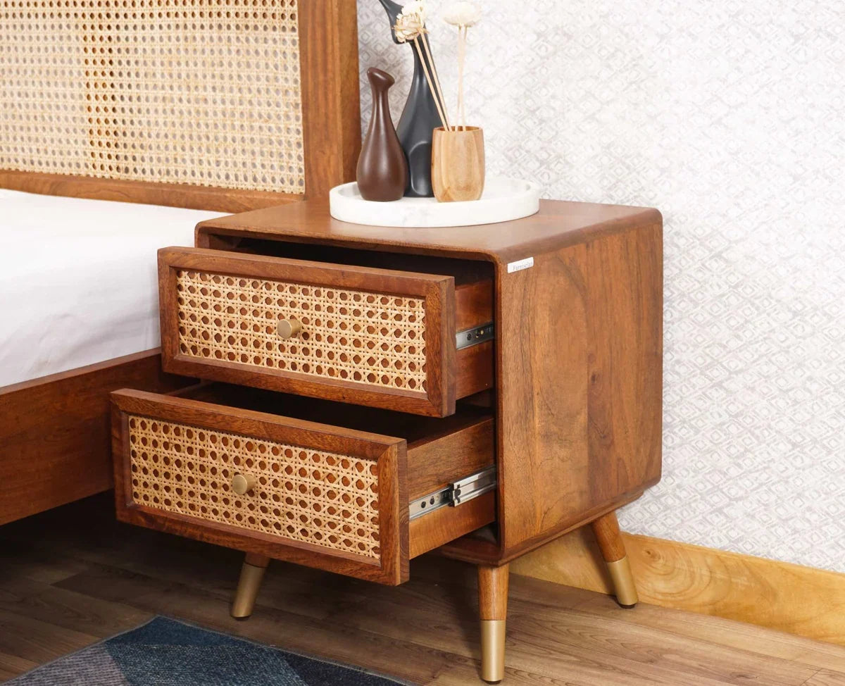 Solid Wood Rattan Cane Two Drawer Bedside Table