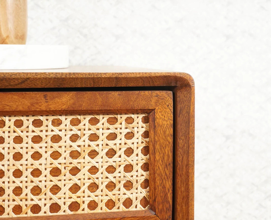 Solid Wood Rattan Cane Two Drawer Bedside Table