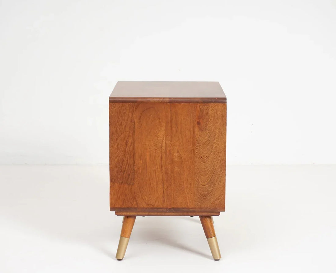 Solid Wood Rattan Cane Two Drawer Bedside Table