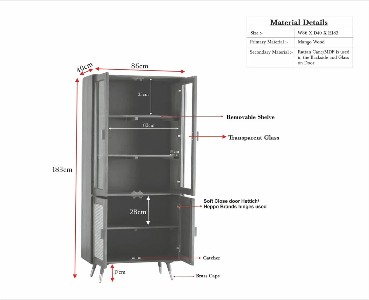 Craft D Art Wooden Display Cabinet with Glass Doors & Rattan Storage