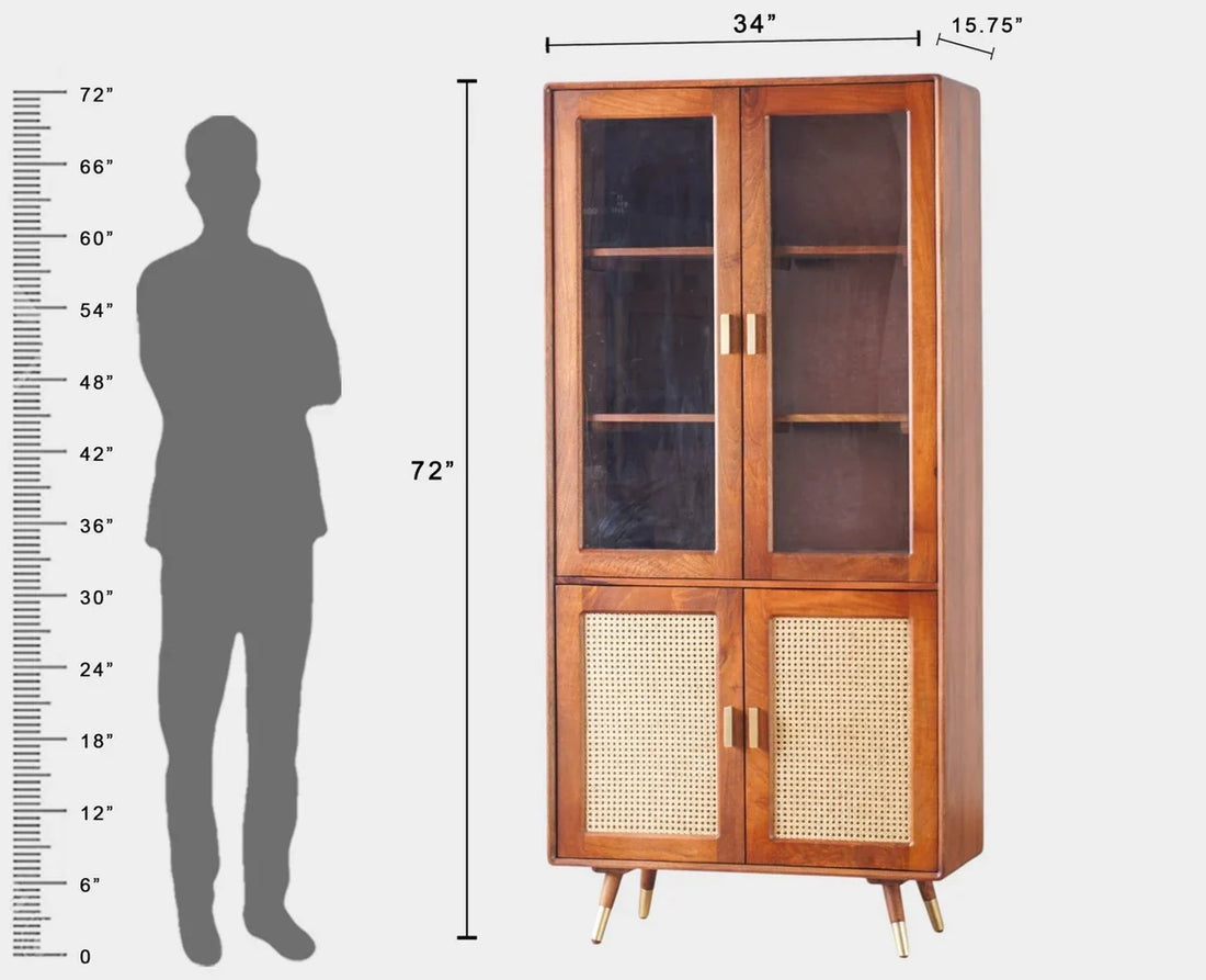 Craft D Art Wooden Display Cabinet with Glass Doors & Rattan Storage