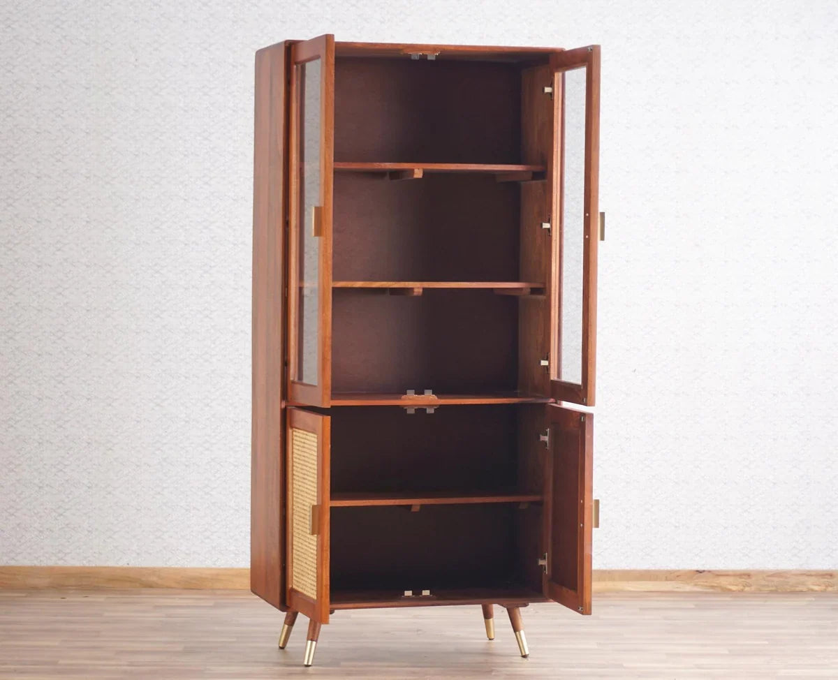 Craft D Art Wooden Display Cabinet with Glass Doors & Rattan Storage