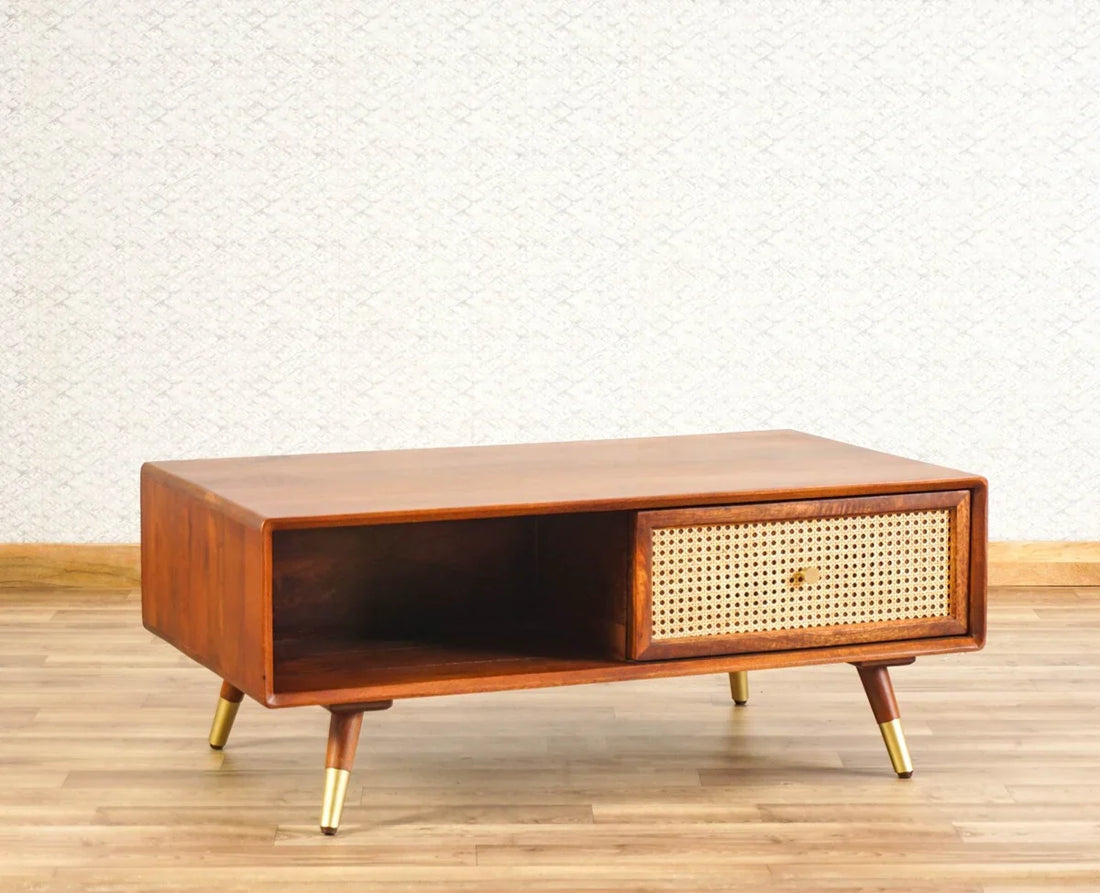Craft D Art Wooden Coffee Table with Rattan Drawer & Open Storage