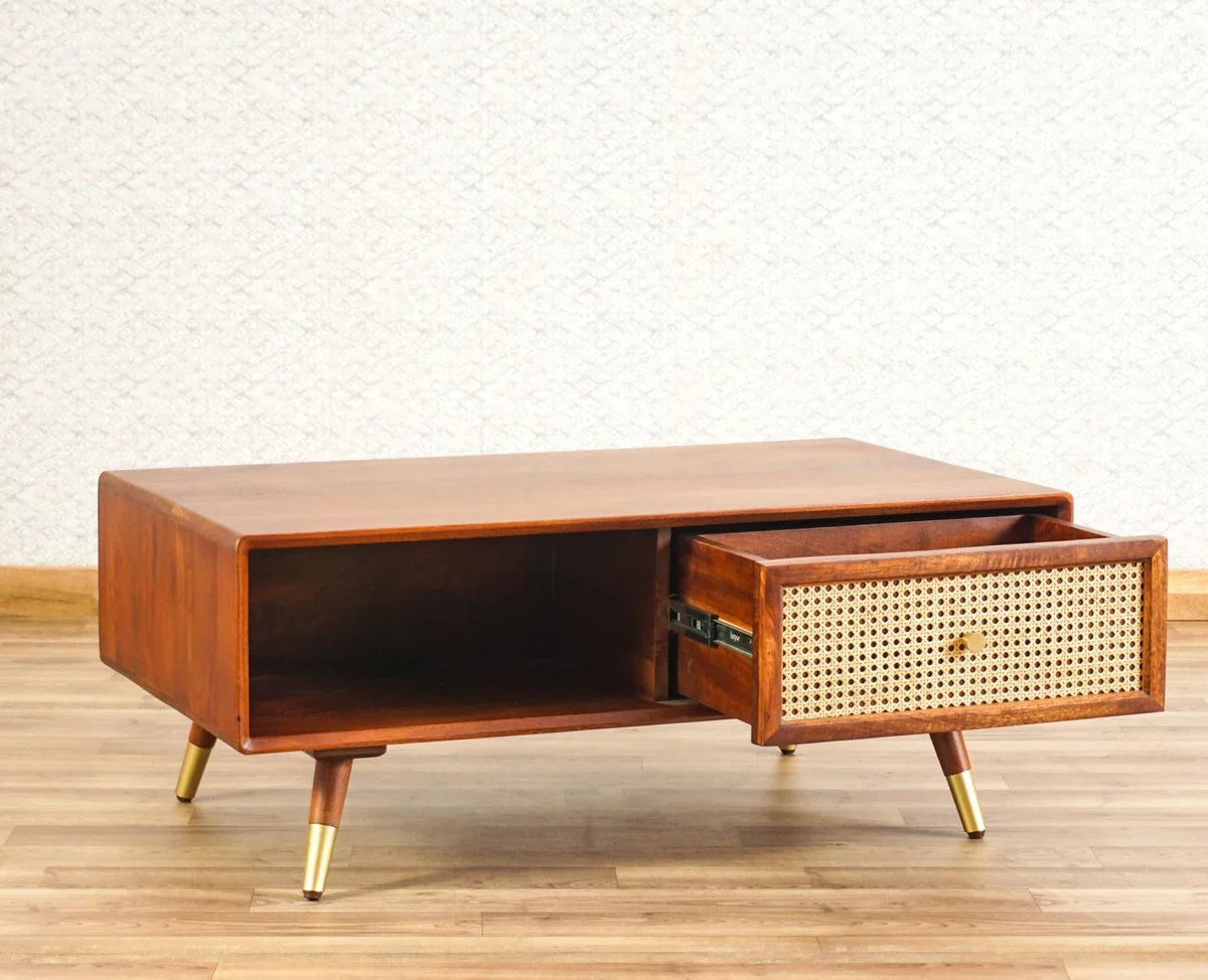 Craft D Art Wooden Coffee Table with Rattan Drawer & Open Storage